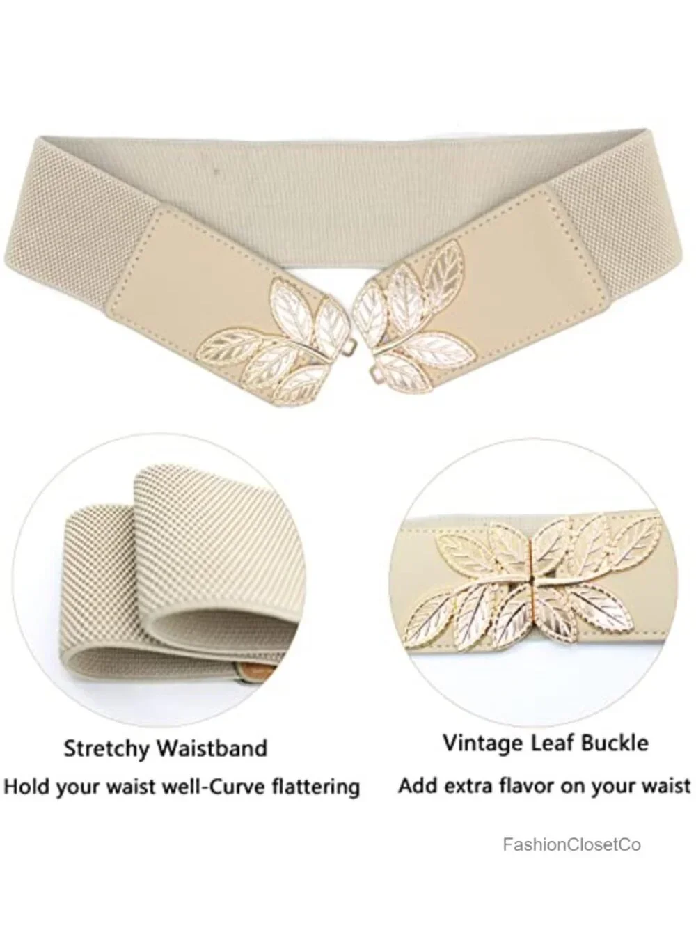 Women's Stretchy Belt Wide Vintage Leaf Buckle Elastic Waistband Dress Belt